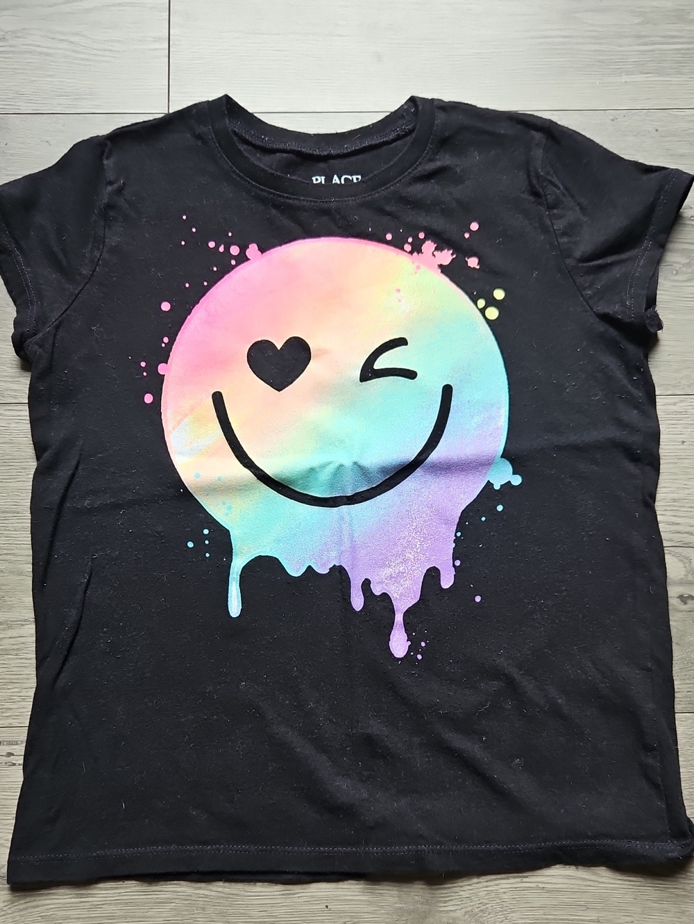 Girls Rainbow Happy Face Graphic Short Sleeve T Shirt Size M 7/8 Black